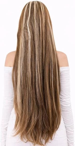 Extra long straight brown wig with light highlights for cosplay.