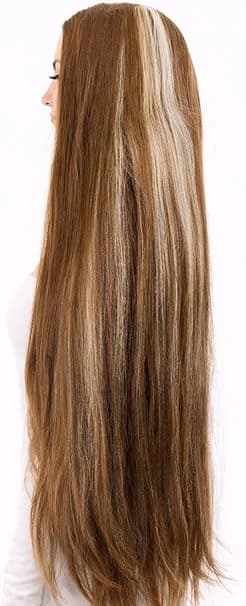 Extra long straight brown wig with light highlights for cosplay.