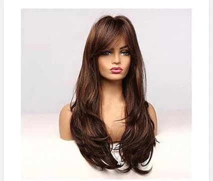 Long dark brown wavy wig with side bangs natural looking wigs for women.