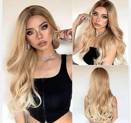 Long wavy ombre brown blonde wig for women natural looking fashion.