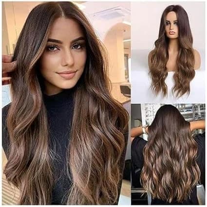 Long wavy brown ombre highlight wigs for women fashion natural hairstyle.