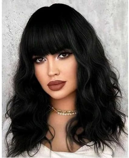 Black synthetic wigs middle length curly wig with bangs for women.