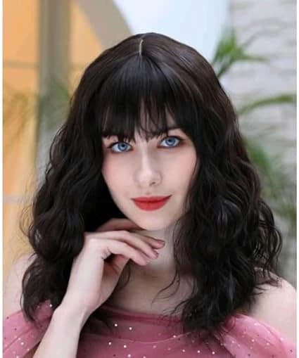 Black synthetic wigs middle length curly wig with bangs for women.