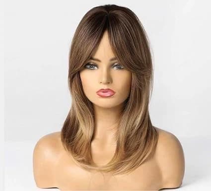 Long brown ombre blonde wigs for women soft bangs with side bangs.