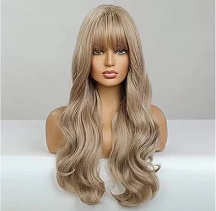 Long wavy sandy blonde wig with bangs for women natural looking light.