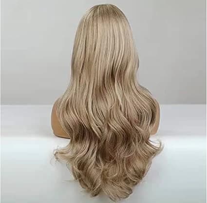 Long wavy sandy blonde wig with bangs for women natural looking light.