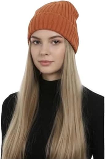 Orange rib knit beanie for women winter warm beanie hat with pleated brim.
