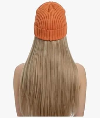 Orange rib knit beanie for women winter warm beanie hat with pleated brim.