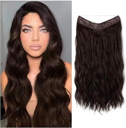 Long wavy dark brown hair extensions synthetic hair extension invisible wire nat