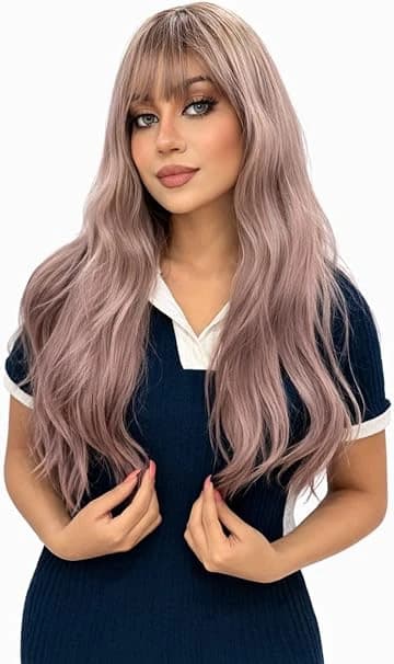 Long wavy bangs light purple wig fashion design for women.