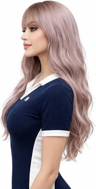 Long wavy bangs light purple wig fashion design for women.