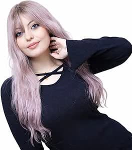 Long wavy bangs light purple ombre wigs for women natural looking fashion.