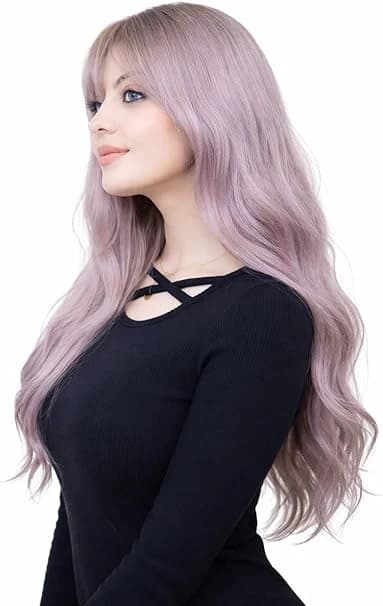 Long wavy bangs light purple ombre wigs for women natural looking fashion.