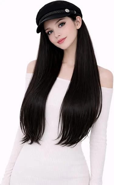 Long straight wig with black beret cap, dark black, fashion women's accessory.