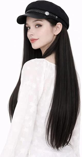 Long straight wig with black beret cap, dark black, fashion women's accessory.