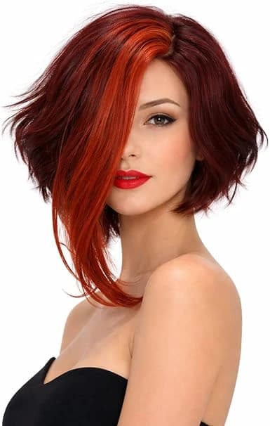 Ombre red burgundy short bob wig fashion wavy wig with side bangs for women.