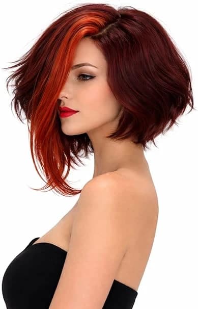 Ombre red burgundy short bob wig fashion wavy wig with side bangs for women.