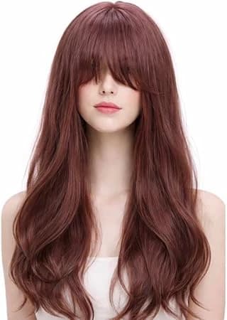 Long bang reddish brown wigs for women natural waves fashion Korean style.