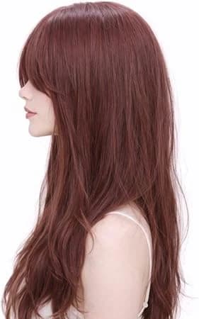 Long bang reddish brown wigs for women natural waves fashion Korean style.