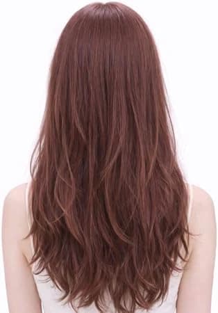 Long bang reddish brown wigs for women natural waves fashion Korean style.