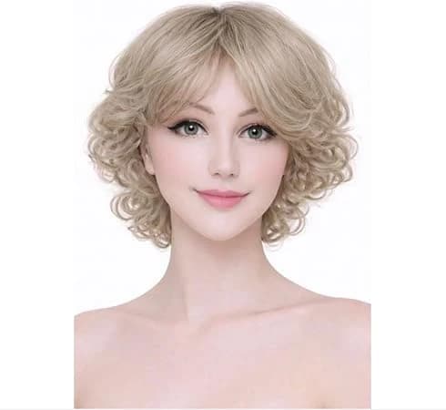 Short curly light blonde wig with bangs fashion design for women.