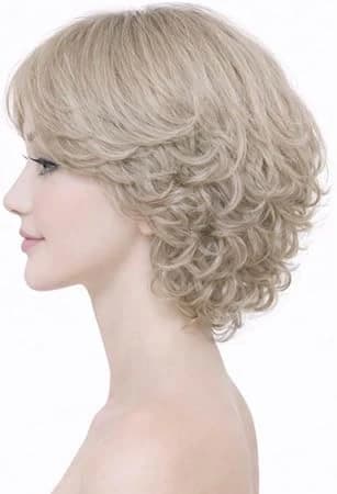 Short curly light blonde wig with bangs fashion design for women.