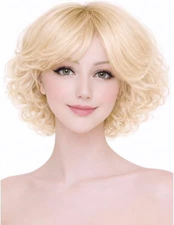 Women's short curly wig blonde side bang fashion bob wig.