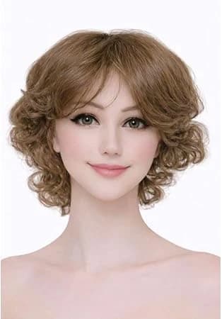 Women's short curly wig golden brown natural bang fashion bob wig.