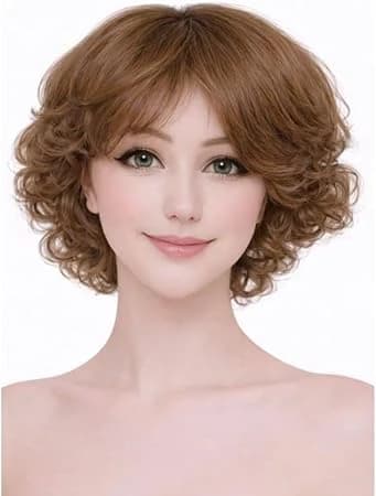 Short curly wigs for women brown side bangs layered wavy bob wig.