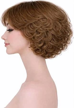 Short curly wigs for women brown side bangs layered wavy bob wig.