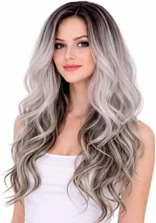 Long wavy dark brown to silver gray wig natural fashion wigs for women.