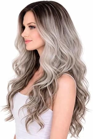 Long wavy dark brown to silver gray wig natural fashion wigs for women.