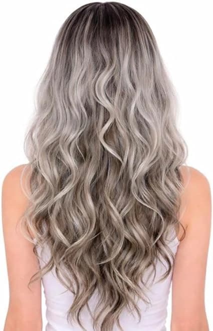 Long wavy dark brown to silver gray wig natural fashion wigs for women.