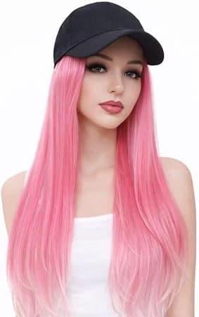 Long wig with black baseball cap ombre pink wig for women.