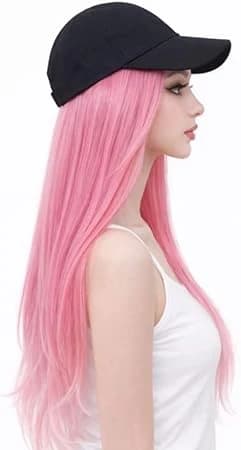 Long wig with black baseball cap ombre pink wig for women.