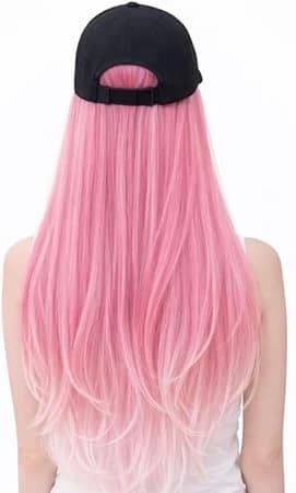 Long wig with black baseball cap ombre pink wig for women.
