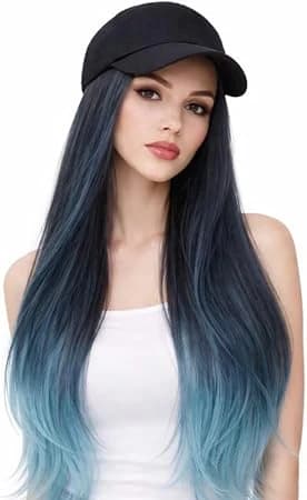 Long wig with black baseball cap, ombre light blue and dark blue, soft synthetic