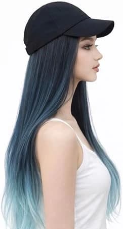 Long wig with black baseball cap, ombre light blue and dark blue, soft synthetic