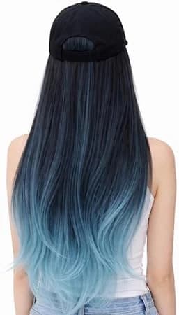 Long wig with black baseball cap, ombre light blue and dark blue, soft synthetic