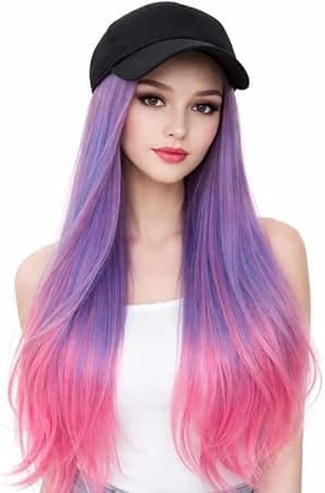 Long ombre purple pink wig with black baseball cap fashion design for women.