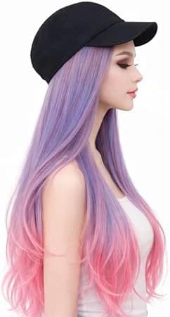 Long ombre purple pink wig with black baseball cap fashion design for women.