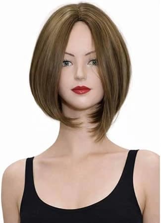 Short brown bob wig with bangs for women natural looking fashion.