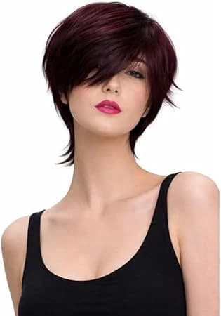 Short wigs for women dark brown with red gradient pixie style with side bangs.
