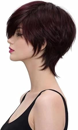 Short wigs for women dark brown with red gradient pixie style with side bangs.