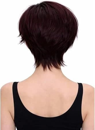 Short wigs for women dark brown with red gradient pixie style with side bangs.