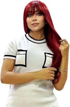 Long red wig with bangs soft wavy wigs for women.