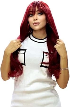 Long red wig with bangs soft wavy wigs for women.