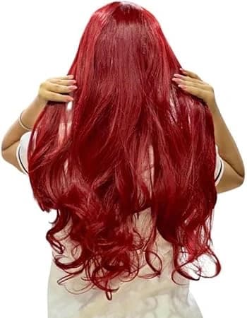 Long red wig with bangs soft wavy wigs for women.