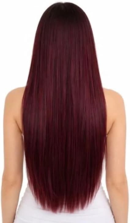 Burgundy long straight hair extensions clip in synthetic hair extensions.