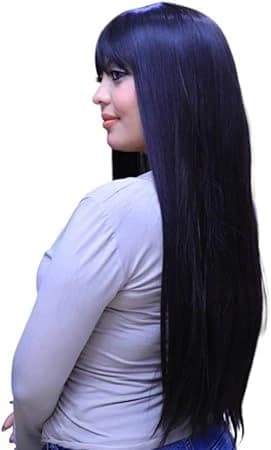 Women's long soft bang wig, black color, waist length wig.